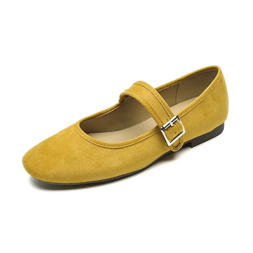 Soft Suede Round-Toe French Mary Jane Ballet Flats