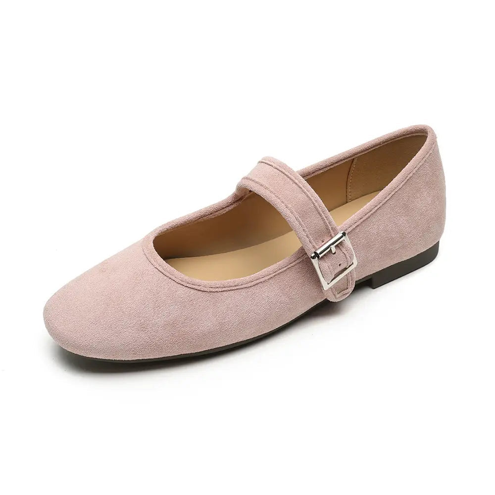 Soft Suede Round-Toe French Mary Jane Ballet Flats