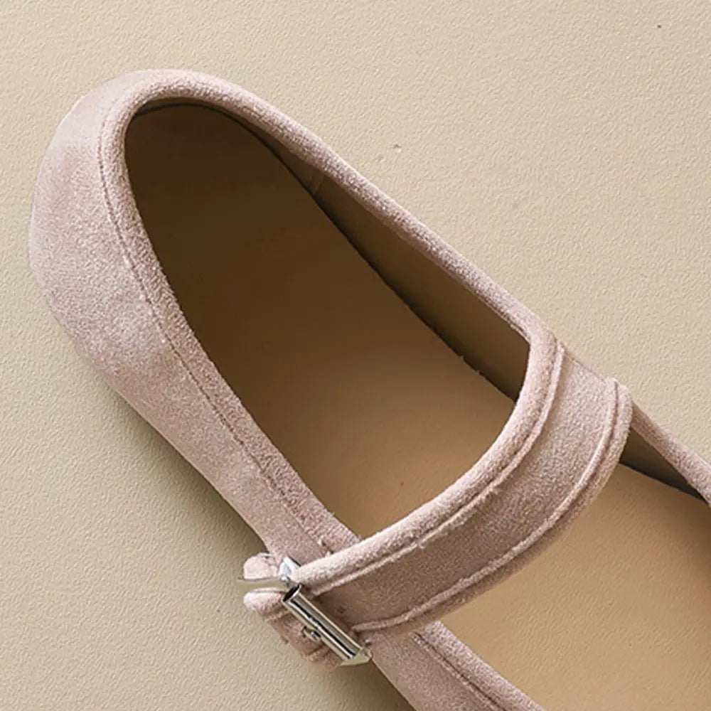 Soft Suede Round-Toe French Mary Jane Ballet Flats