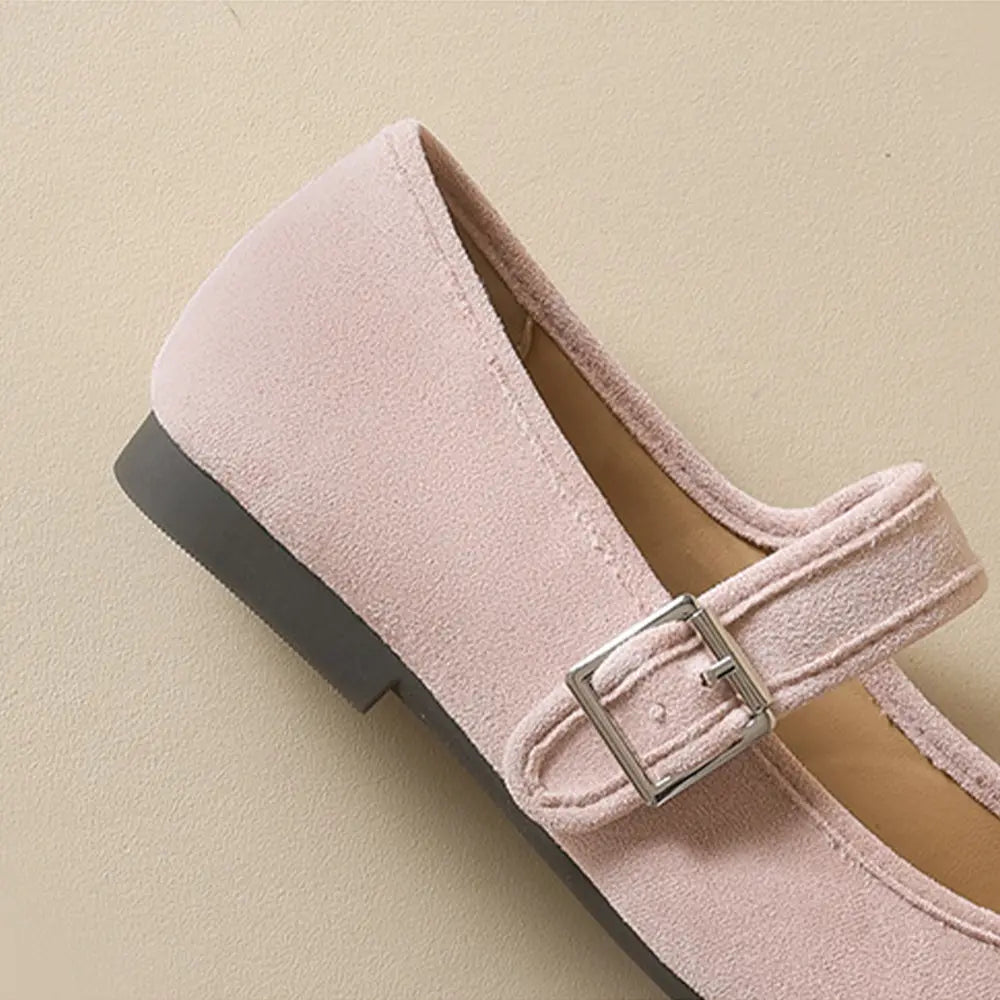 Soft Suede Round-Toe French Mary Jane Ballet Flats